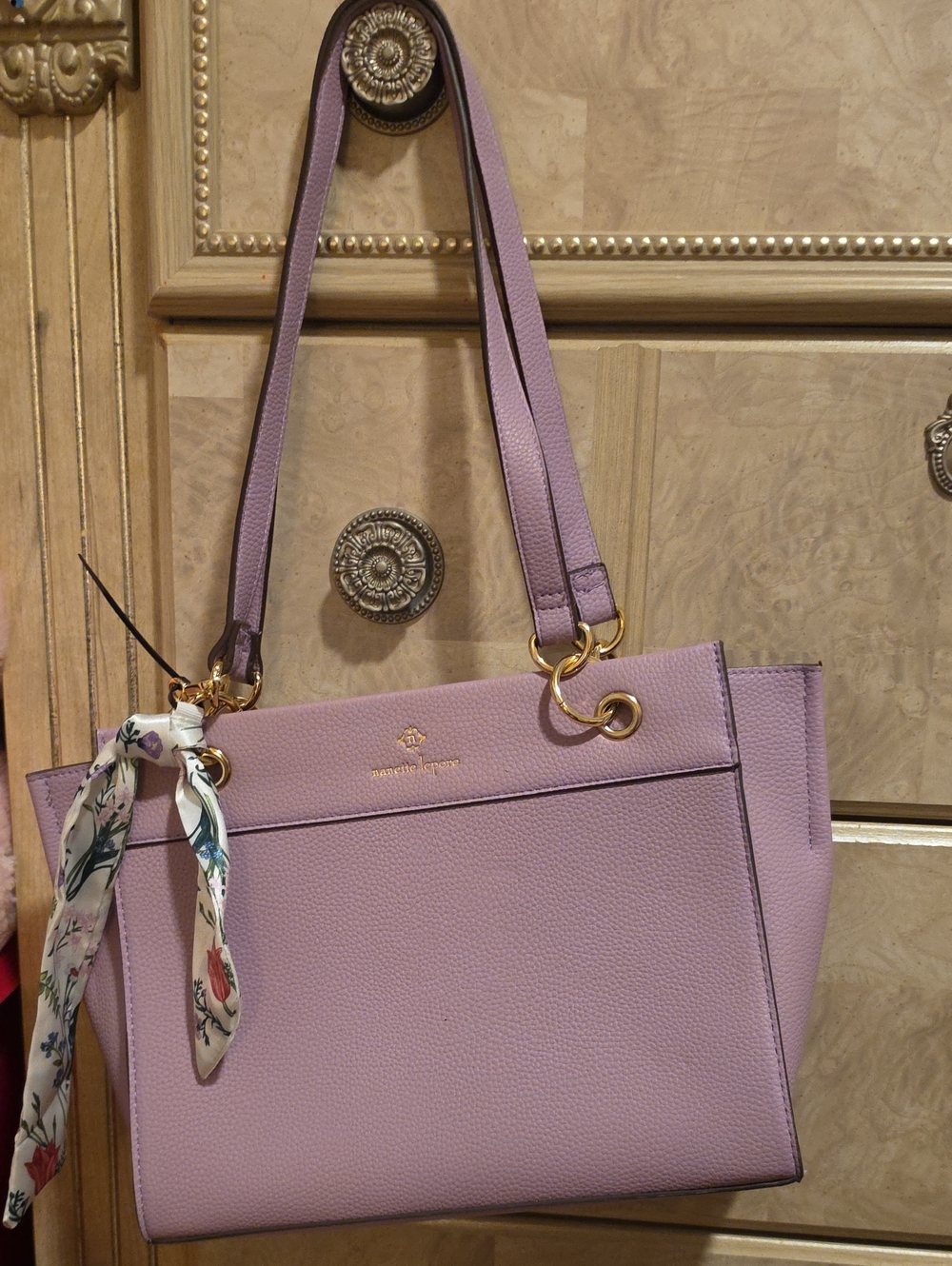 Nanette Lepore Lavender Pebbled Shoulder Tote with Scarf Accent